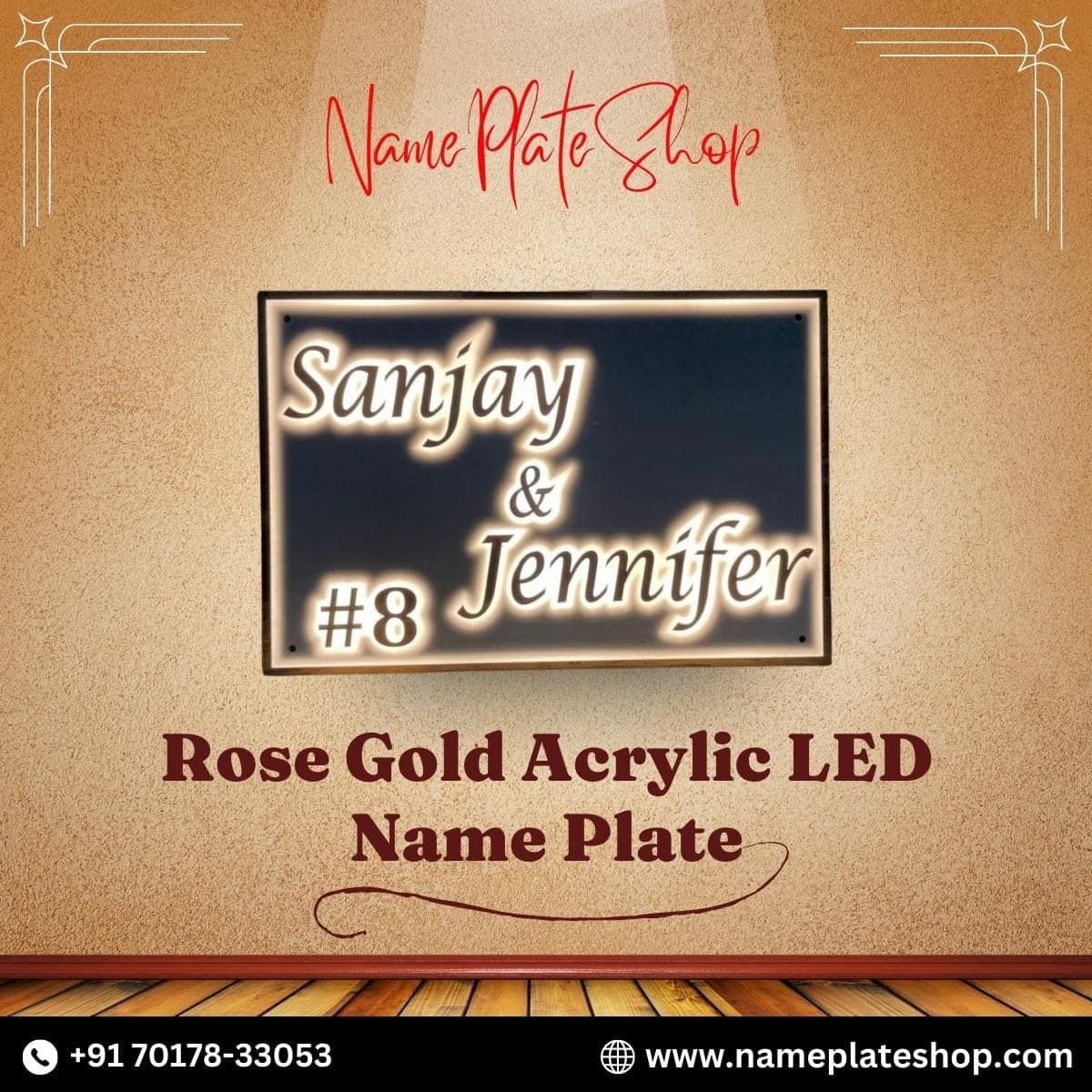 Home Rose Gold Acrylic LED Name Plate NamePlateShop