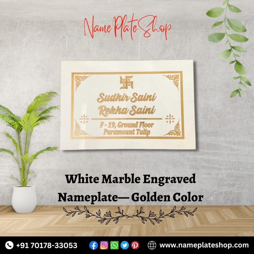 White Marble Engraved Nameplate With Golden Colour Font 1