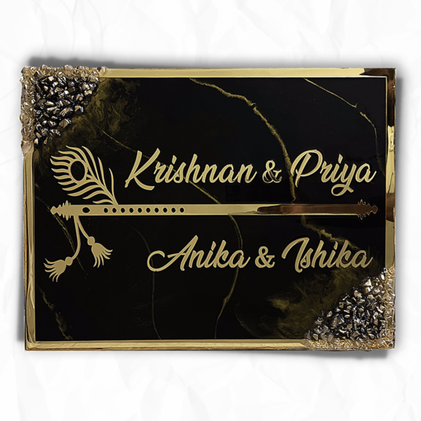 Black Resin Nameplate Black Epoxy Nameplate Krishna Theme Nameplate Premium Nameplate Royal Look Nameplate Vastu Designed Nameplate Black Premium Nameplate Trendy Nameplate Designs