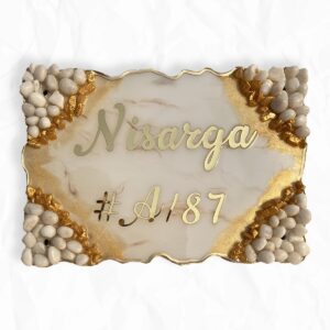 White and Orange Theme Decorated with Pebbles Resin Nameplate