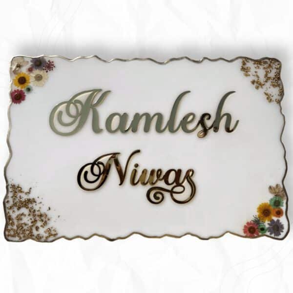 Stylish Resin Casting White Nameplate With Pressed Flowers and Flakes 600x600 1