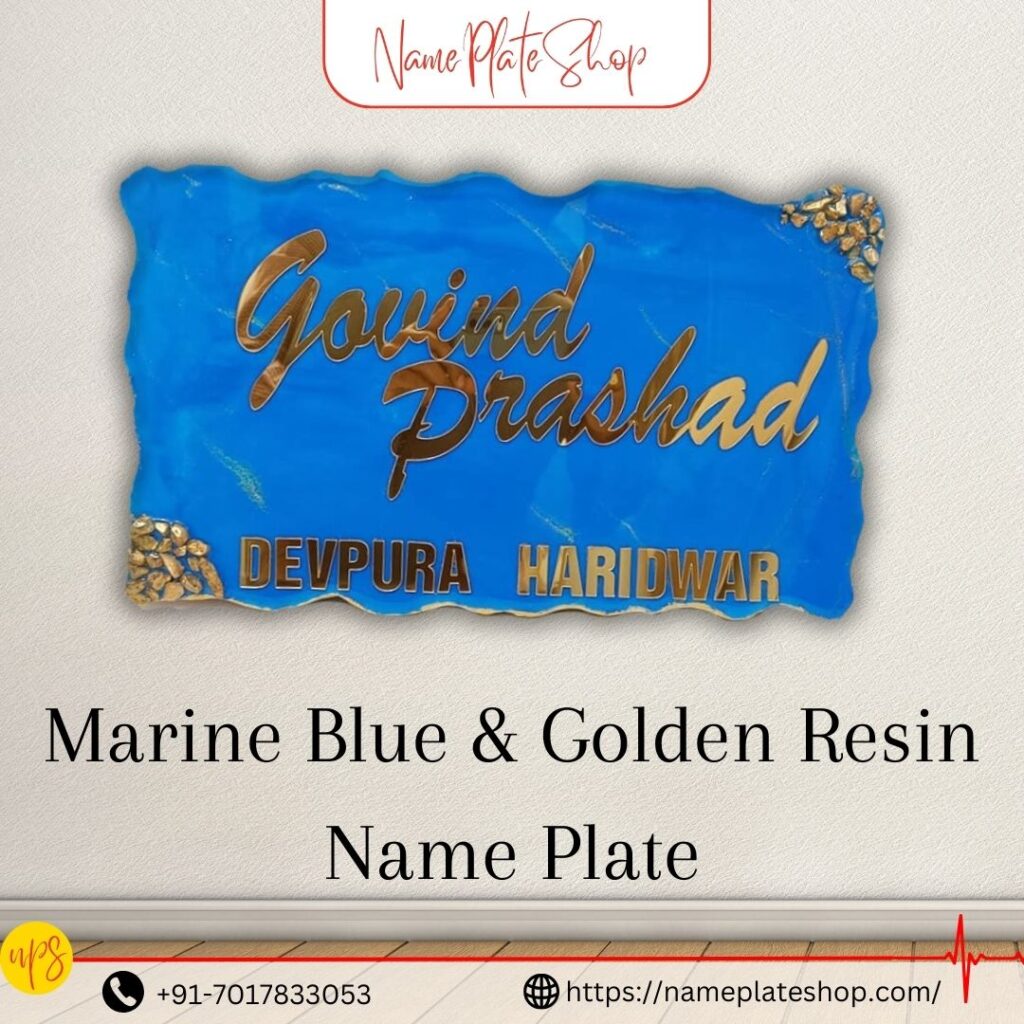 Majestic Marine Blue and Golden Resin Nameplate Elevate Your Home’s Entrance