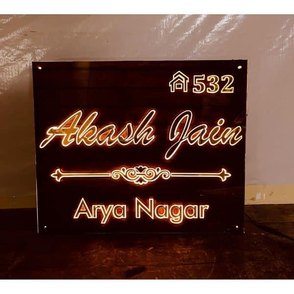 New Design Wooden Finish Golden Embossed Letters Acrylic LED Name Plate (1)