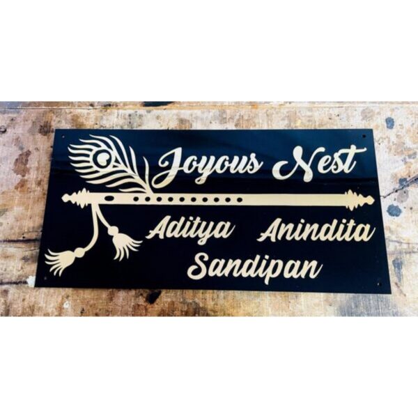 Beautiful Black and Golden Acrylic Bansuri Design Home Name Plate