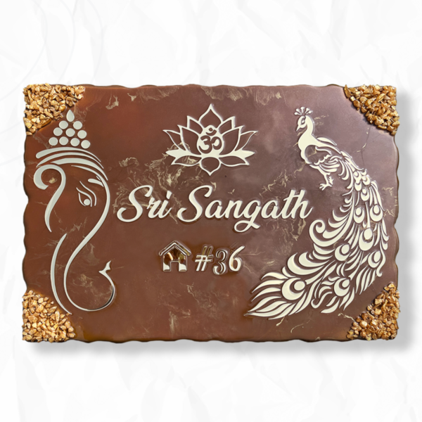 Ganesha Theme Metallic Brown Resin Coated Nameplate 600x600