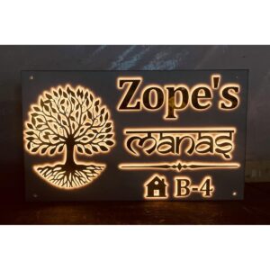 Unique Tree Design Golden Embossed Letters Acrylic LED House Name Plate (1)