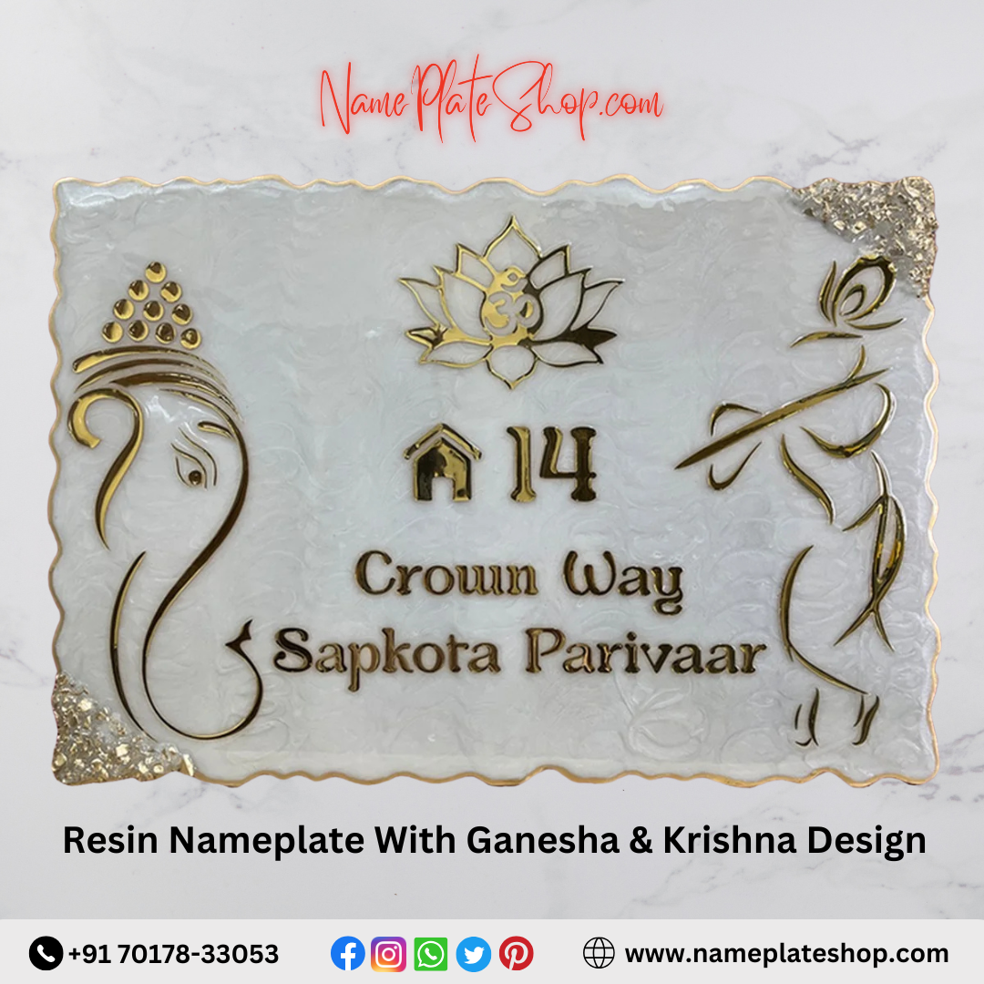 Divine Elegance Resin Nameplate with Ganesha & Krishna Design