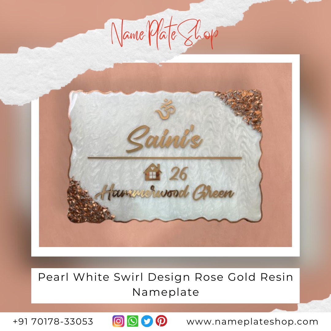 Add a modern touch of luxury to your door with our Pearl White Swirl Rose Gold Resin Nameplate!