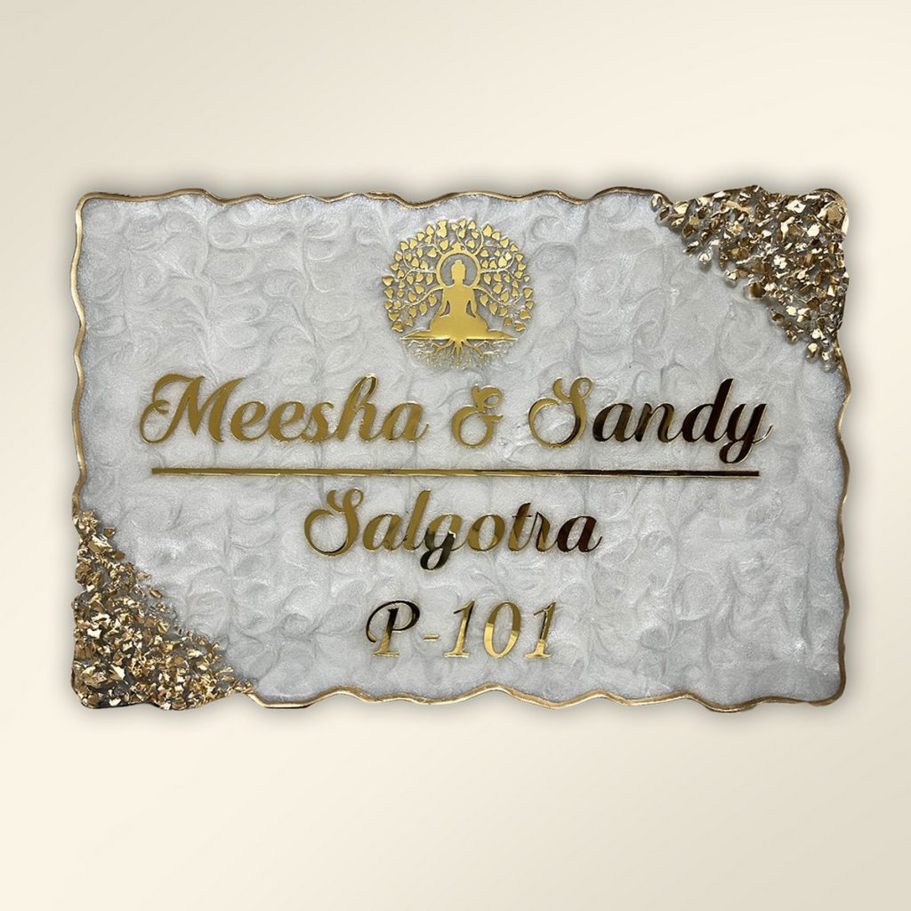 Buddha Themed Pearl White Swirl Design Resin Nameplate 1