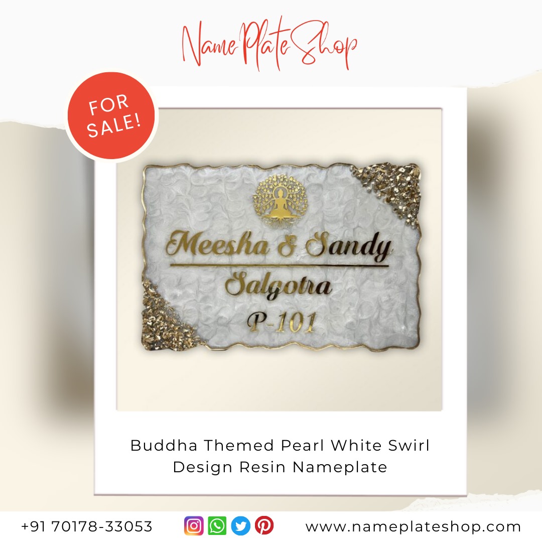 Buddha Themed Pearl White Swirl Resin Nameplate – Bring Peace to Your Doorstep