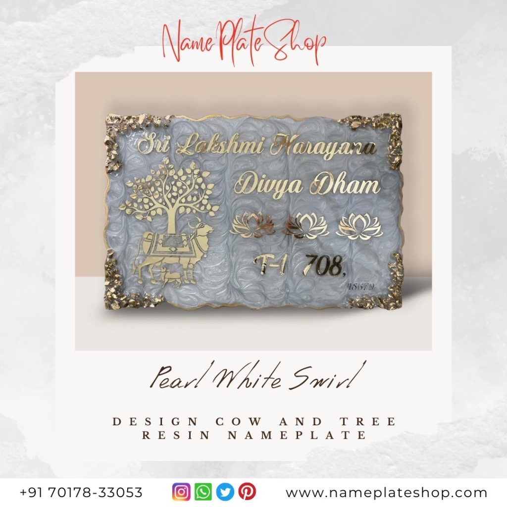 Divine Cow and Tree Resin Nameplate in Pearl White Swirl – A Spiritual Welcome for Your Home