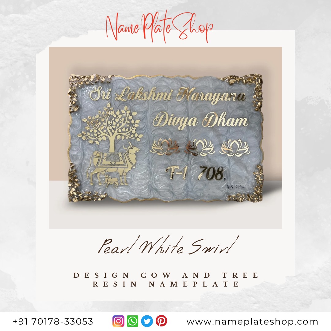 Divine Cow and Tree Resin Nameplate in Pearl White Swirl – A Spiritual Welcome for Your Home