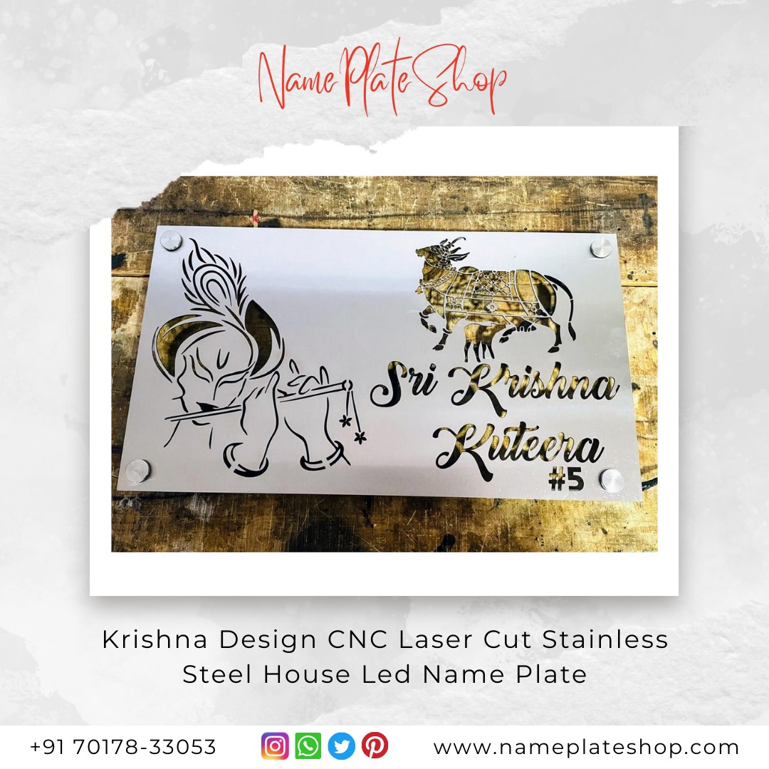 Divine Elegance with Krishna Design CNC Laser Cut Stainless Steel LED Name Plate