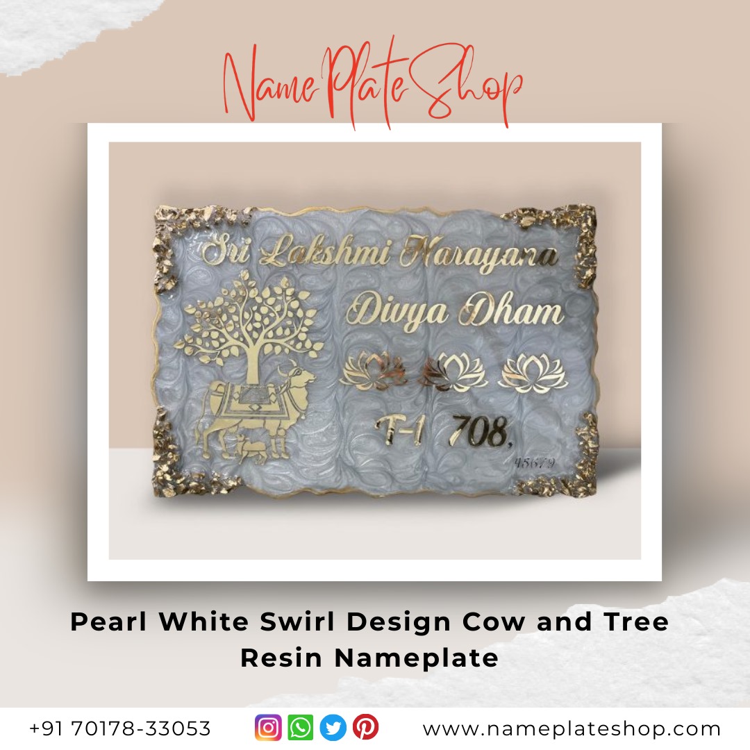 Pearl White Swirl Cow and Tree Resin Nameplate – A Symbol of Peace & Prosperity