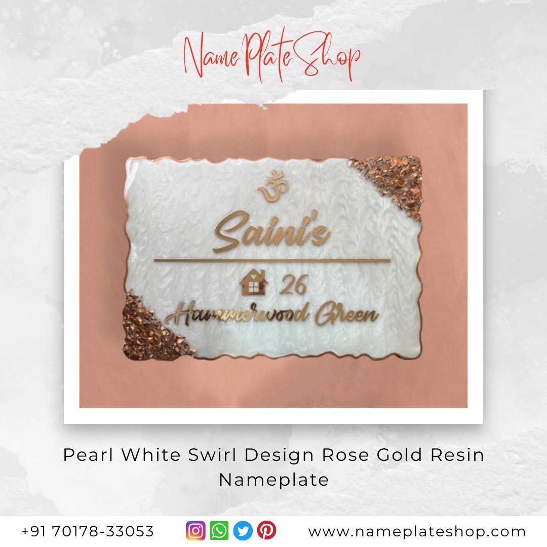 Pearl White Swirl Design Rose Gold Resin Nameplate – Elegance That Speaks for Your Home
