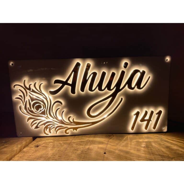 Rose Gold Acrylic LED Waterproof Mor Pankh House Nameplate 768x768