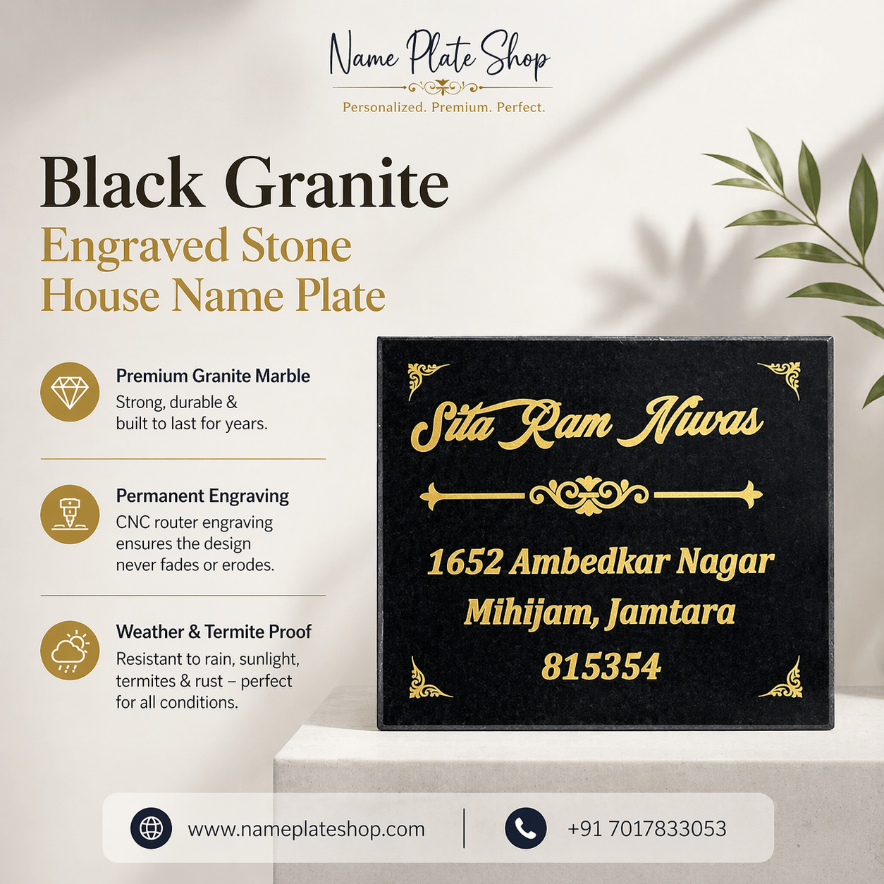 Black Granite Engraved Stone Name Plate