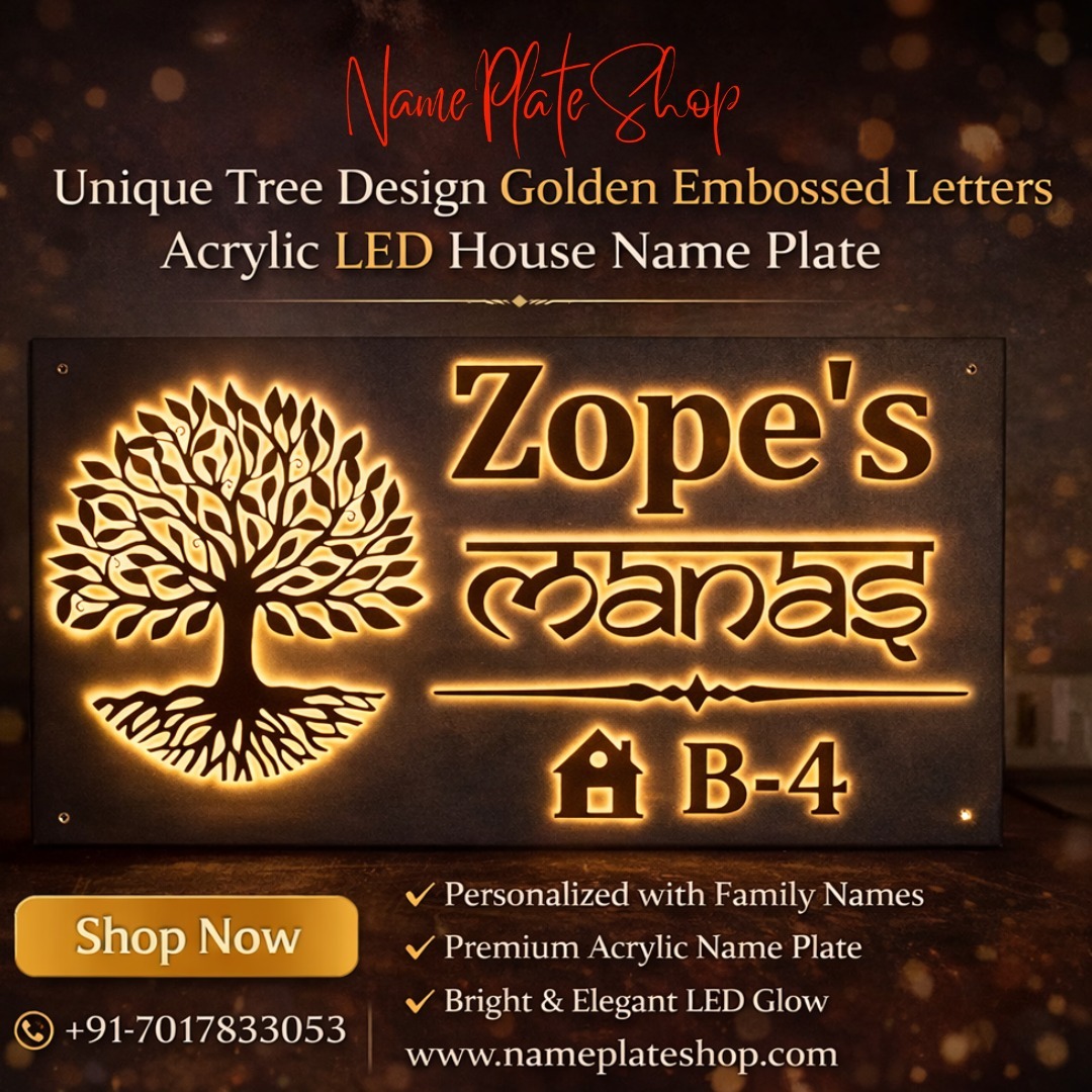 Tree Design Golden Embossed letters Acrylic LED Nameplates